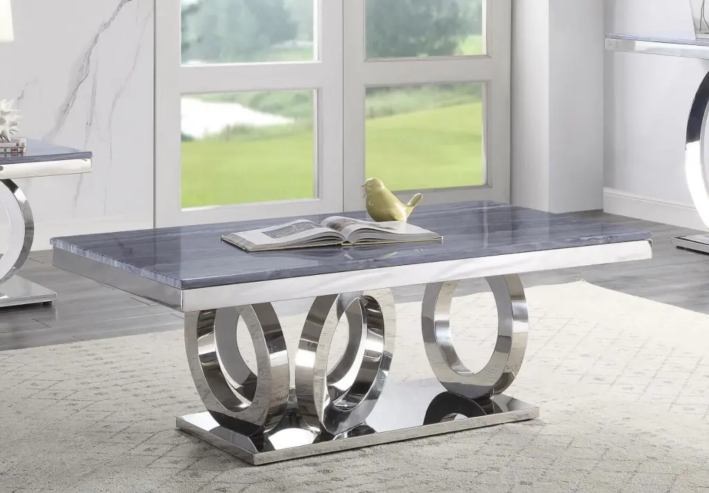 Homiyad Coffee Table Gray Printed Faux Marble Mirrored Silver Finish