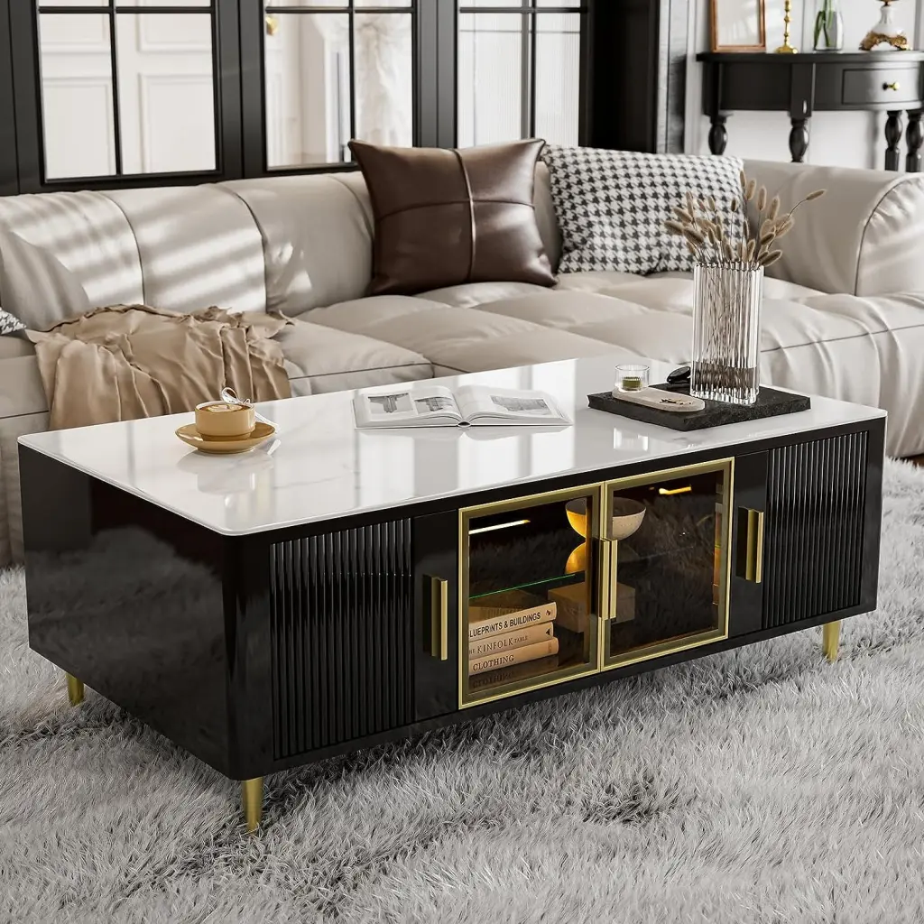 IKIFLY Modern Slate Coffee Table 16 Colors LED Lights and Glass Doors Durable Rectangle Design