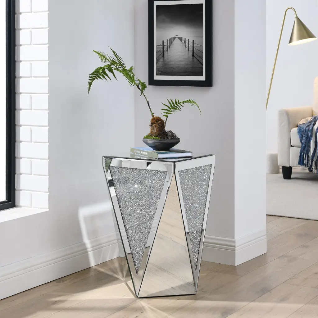 Inverted Triangular Mirror Square Table Glass Gemstone Inlaid Coffee Table kai lee- mirror arts-furniture factory