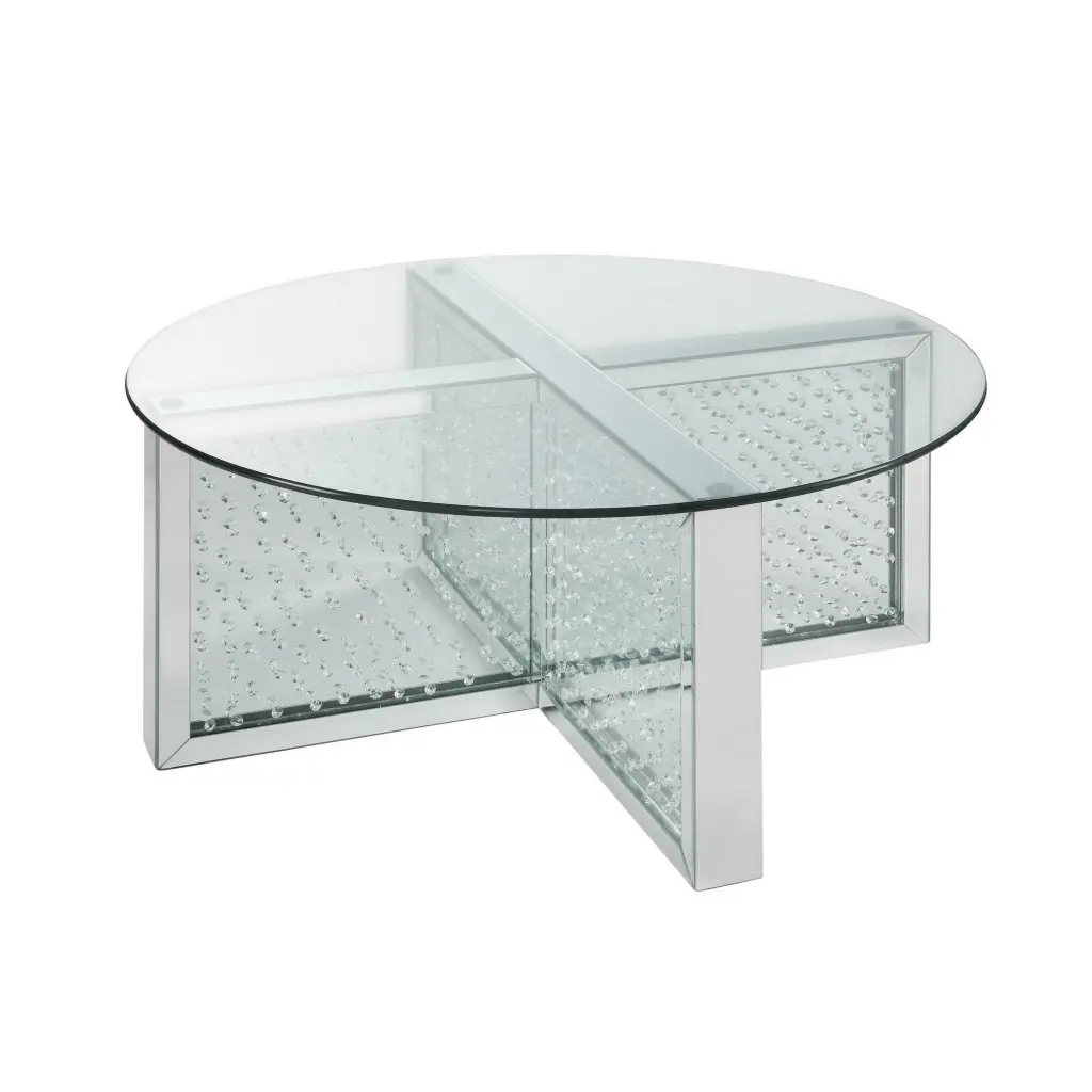 LANTRO JS Modern Round Glass and Faux Crystal Coffee Table Silver