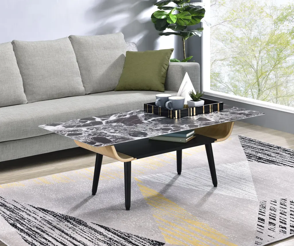 Landon 47 Inch Coffee Table Black Marble Texture Top Bent Wood Legs lilola home