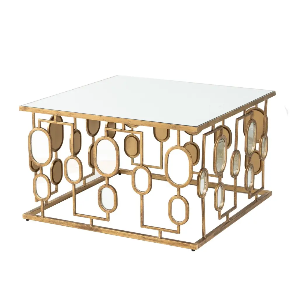 Maykoosh Natural Beauty 32 Inch Gold Mirror Top Coffee Table Geometric Patterns and Iron Frame