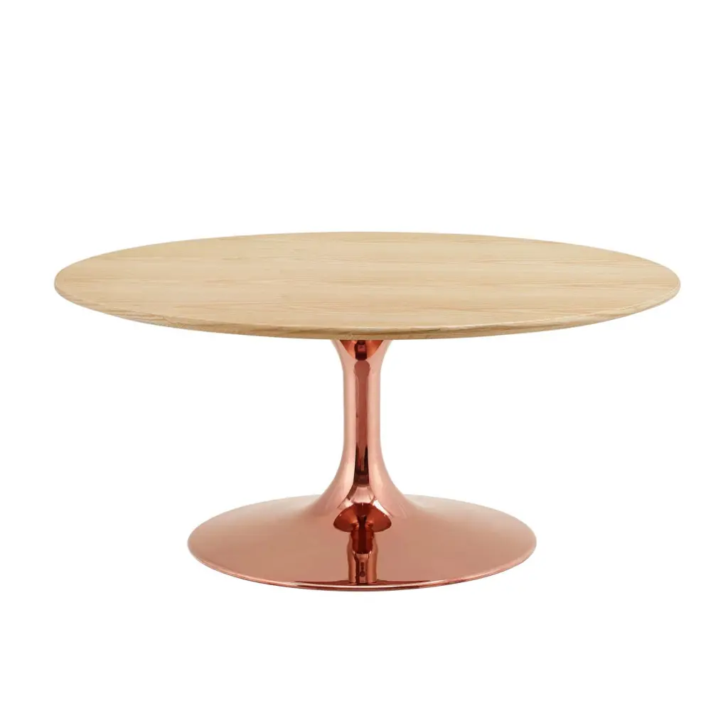 Round Wood Metal Steel Coffee Table Rose Gold Brown Modern Contemporary Urban Design
