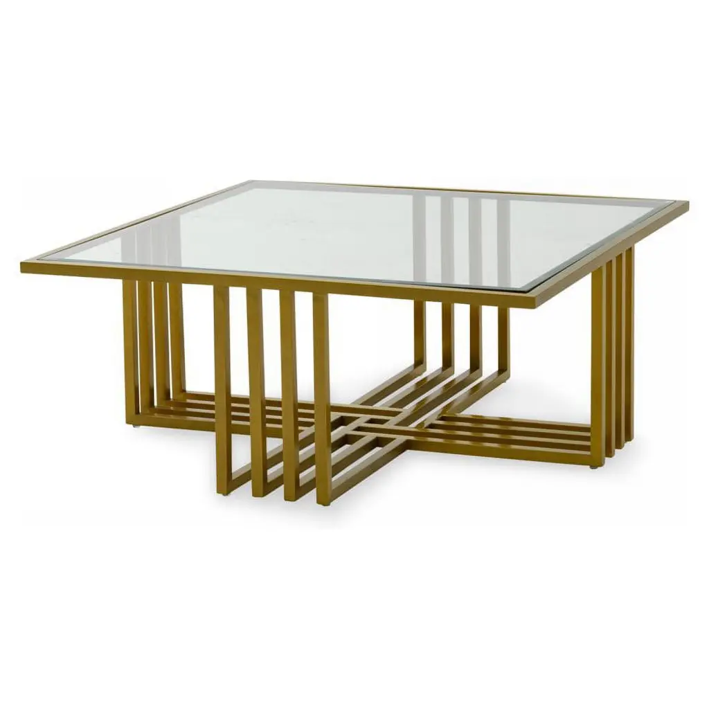 Modrest Kodiak Square Glass Stainless Steel Coffee Table Gold Clear Contemporary Design