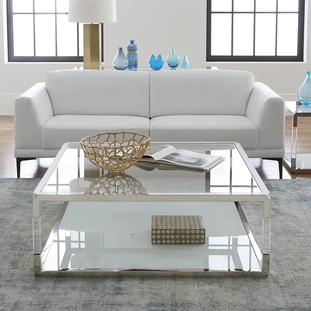 Modus Furniture Jasper Square Coffee Table Acrylic White Glass Modern Design