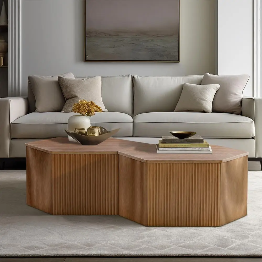 Olliix Honey Fluted Hexagon Modern Solid Wood Coffee Table Natural