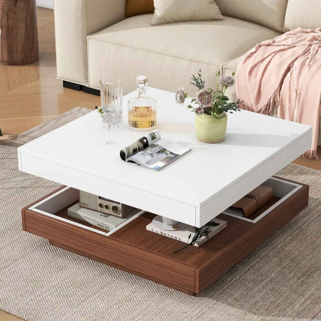 Modern Square 360 Rotating Coffee Table Three Detachable Trays Living Room on-trend