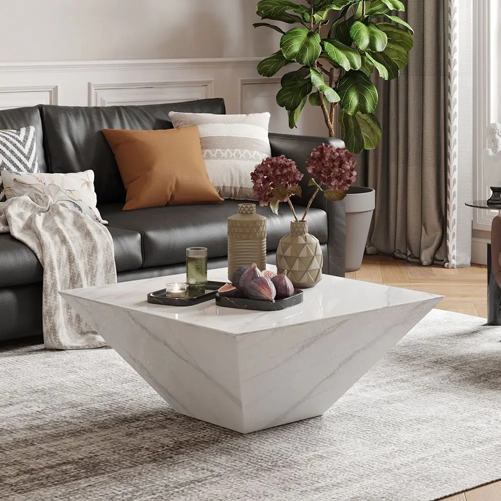 POVISON 31.5 Modern Square Coffee Table Trapezoid White Sintered Stone Fully Assembled