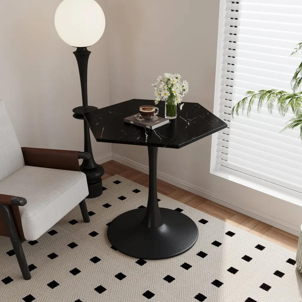 31.50 Inch Modern Hexagonal Coffee Table Printed Black Marble Table Top rnb