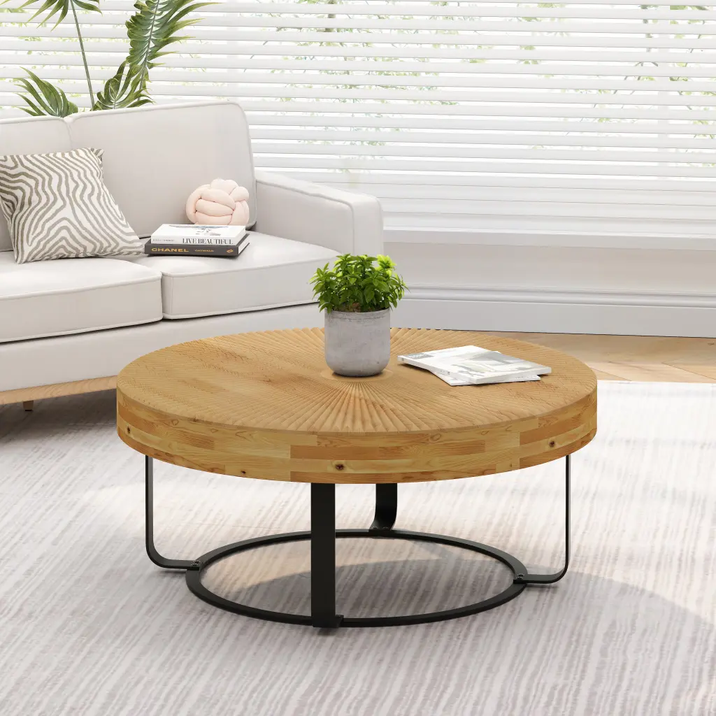 Modern Round Coffee Table Wooden Carving Pattern Coffee Table Metal Base rnb