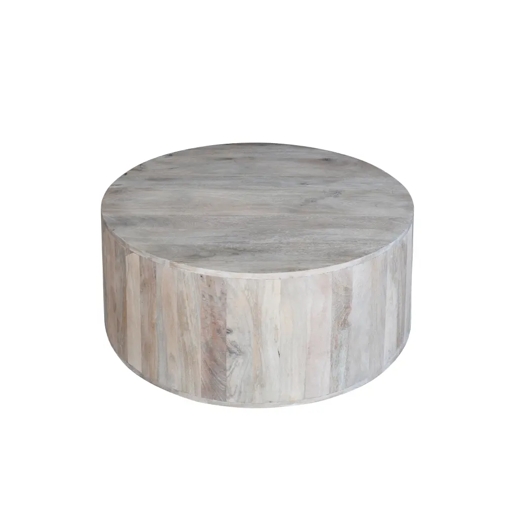 36 Inch Coffee Table Artisan Made Drum Shape Sandblasted Washed White royal hampton