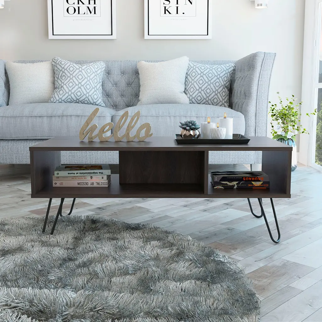 Vassel Coffee Table Hairpin Legs and Two Shelves Espresso Brown rta mubles colombia