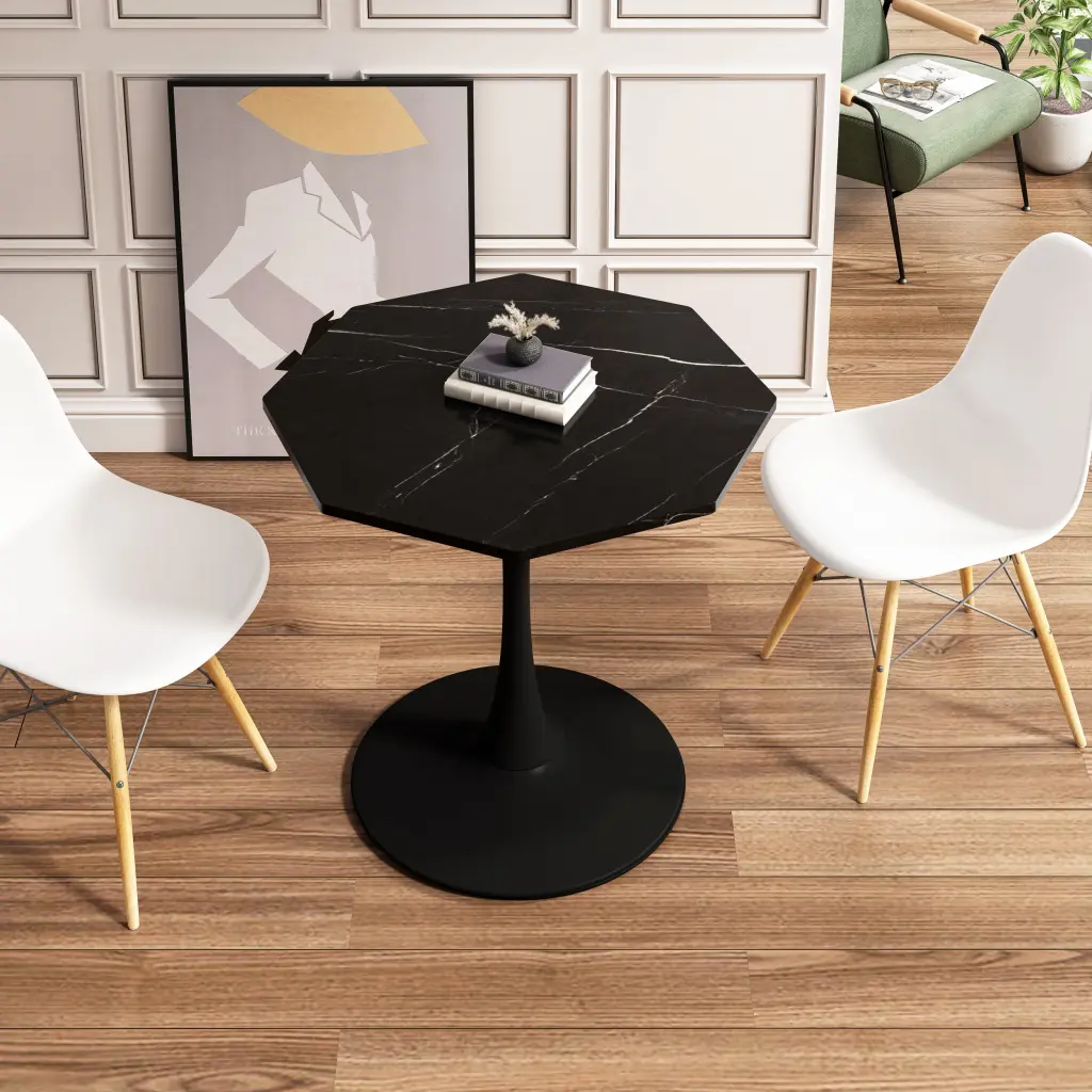 31.50 Inch Modern Octagonal Coffee Table Printed Black Stone Table Top spribung