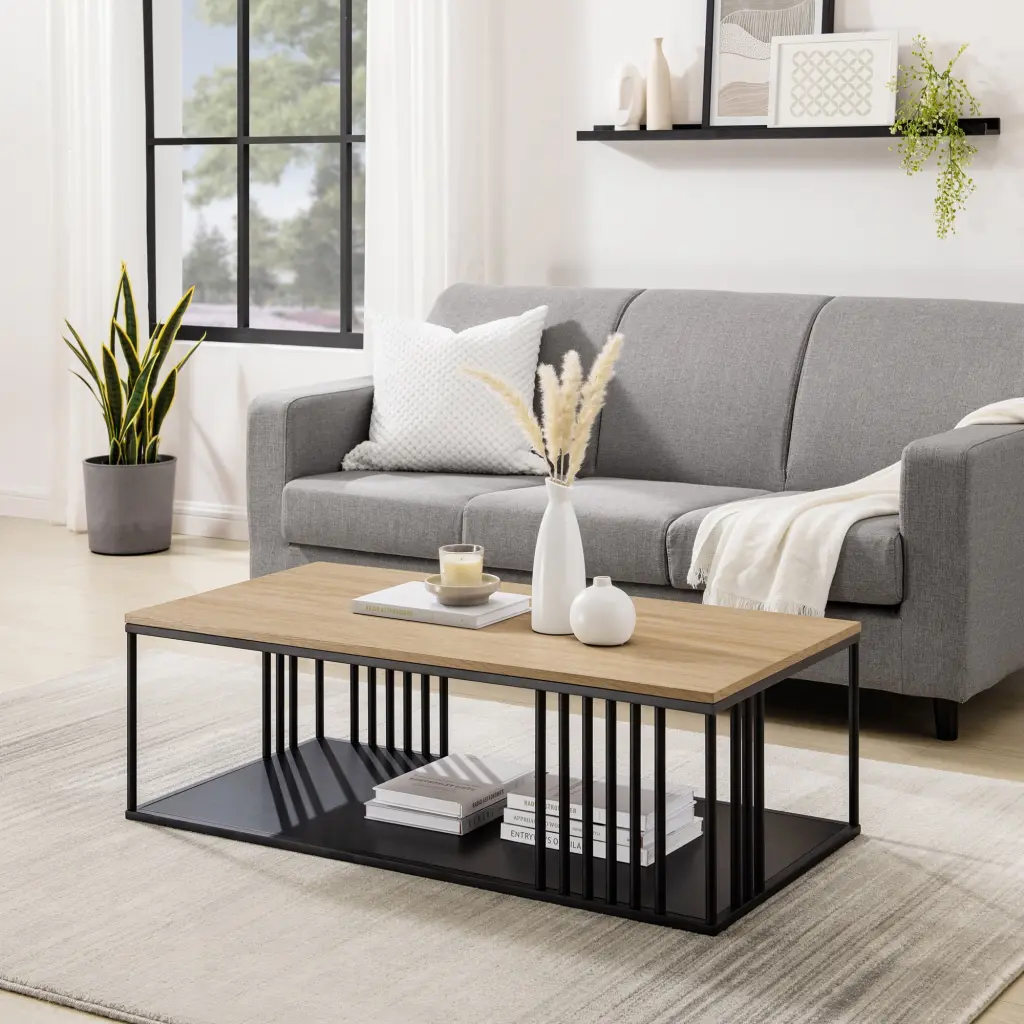 Walker Edison Minimalist 43 Inch Slatted-Side Metal Rectangle Coffee Table Coastal Oak