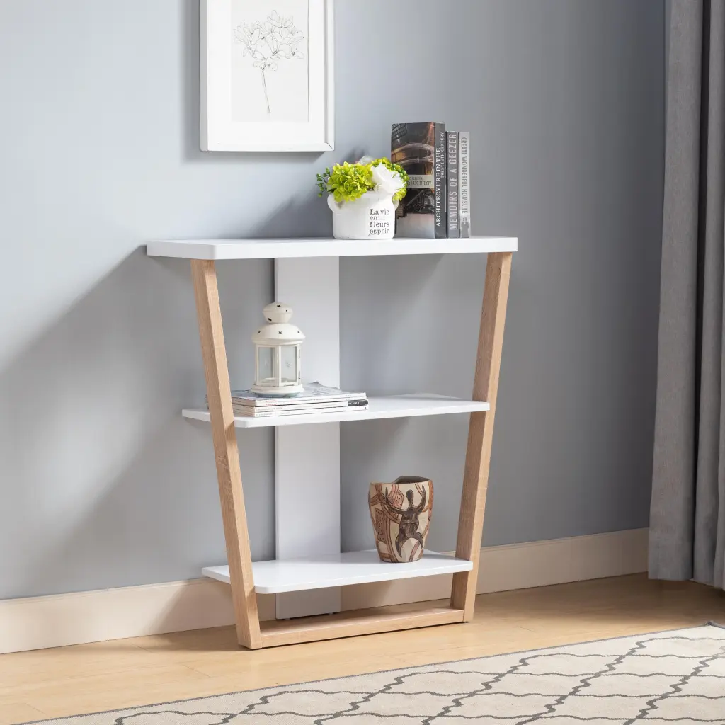 Contemporary Console Table Three Open Shelves White Light Brown Modern Entryway Table id international- inc.