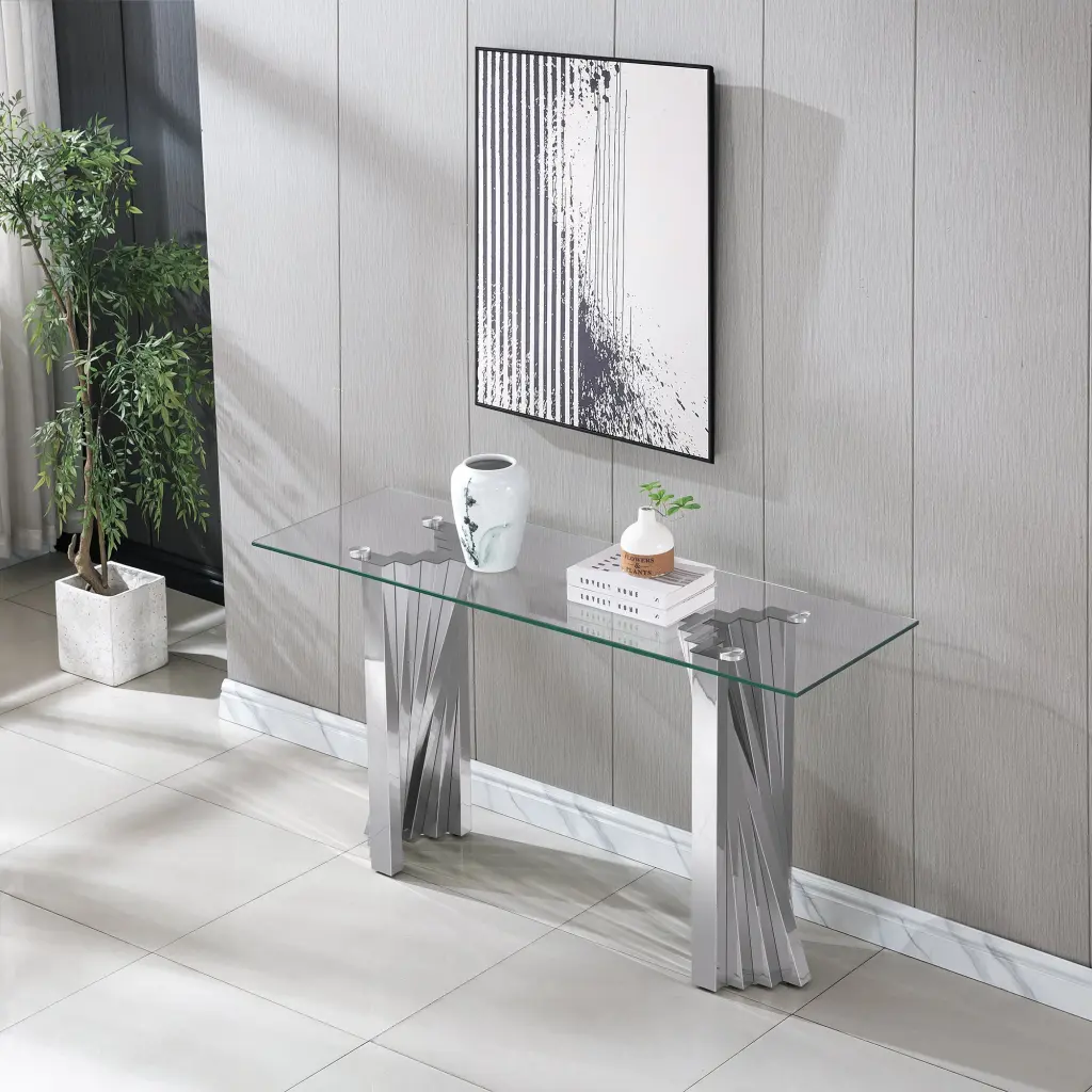 Tempered Crystal Top Console Table Shiny Metal Mirror Finish Stainless Steel w1311 artisan furniture