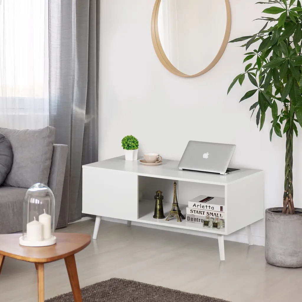 ZENY Wood Frame Mid Century Coffee Table Open Storage Shelf Living Room TV Table White