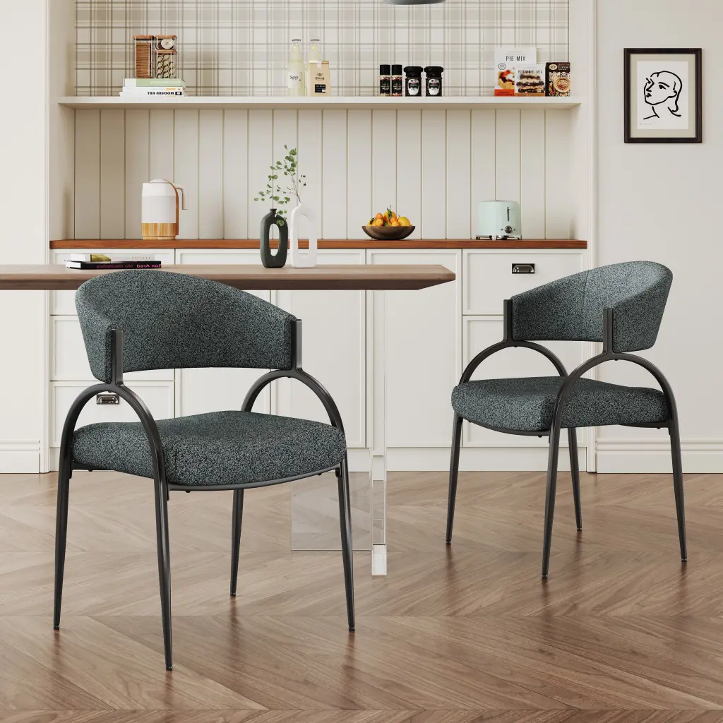 Upholstered Dining Chairs Metallic Legs Set 2 Dark Green Black Design nh-uhome