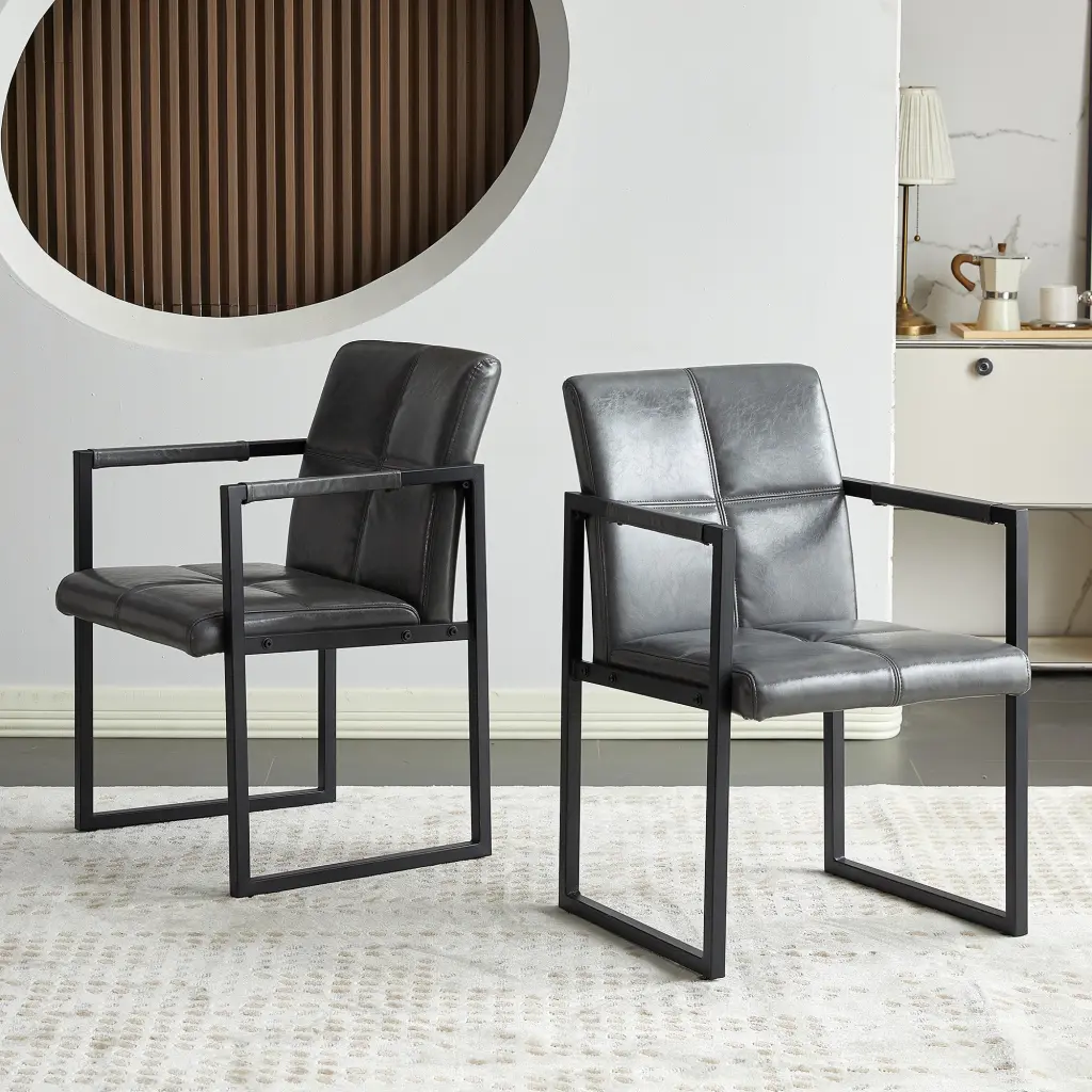 Light Grey Modern European Style Dining Chair PU Leather Black Metal Legs rnb