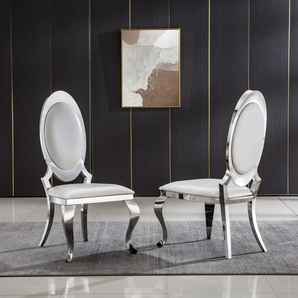 Dining Chair Oval Backrest Set 2 Stainless Steel Legs White Upholstery w1241 artisan furniture