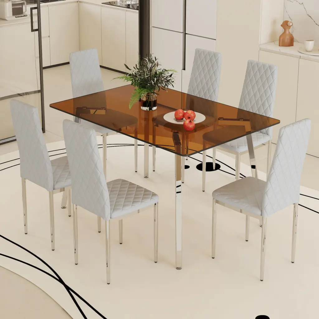 Large Modern Rectangular Table Brown Glass Top and Chair Set Contemporary Dining Set droom w-1151