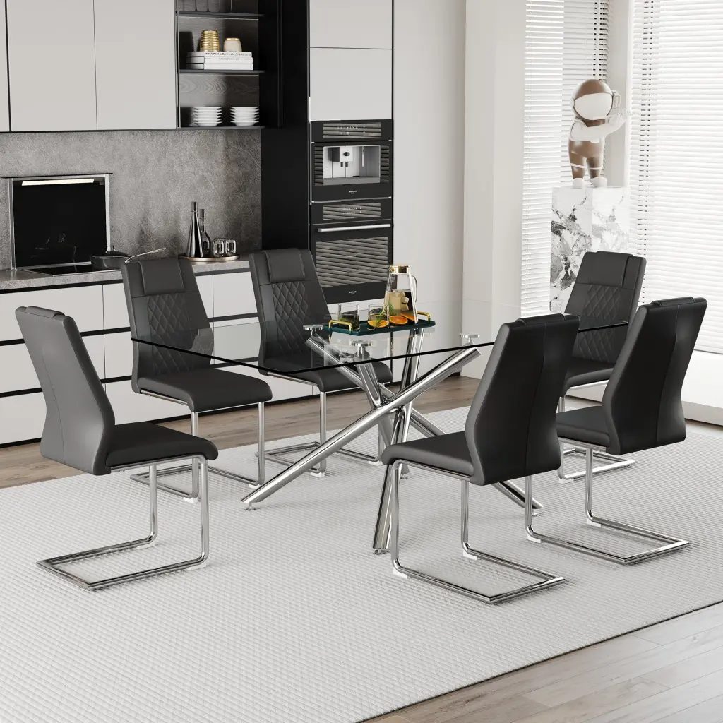 Modern Luxurious Transparent Tempered Crystal Dining Table and Chair Set droom w-1151