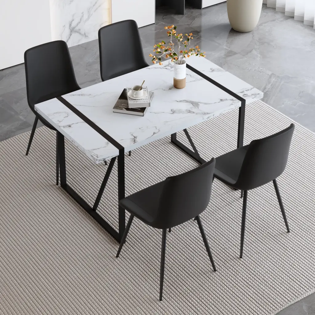 Modern Minimalist White Marble Veined MDF Dining Table and Chair Set droom w-1151