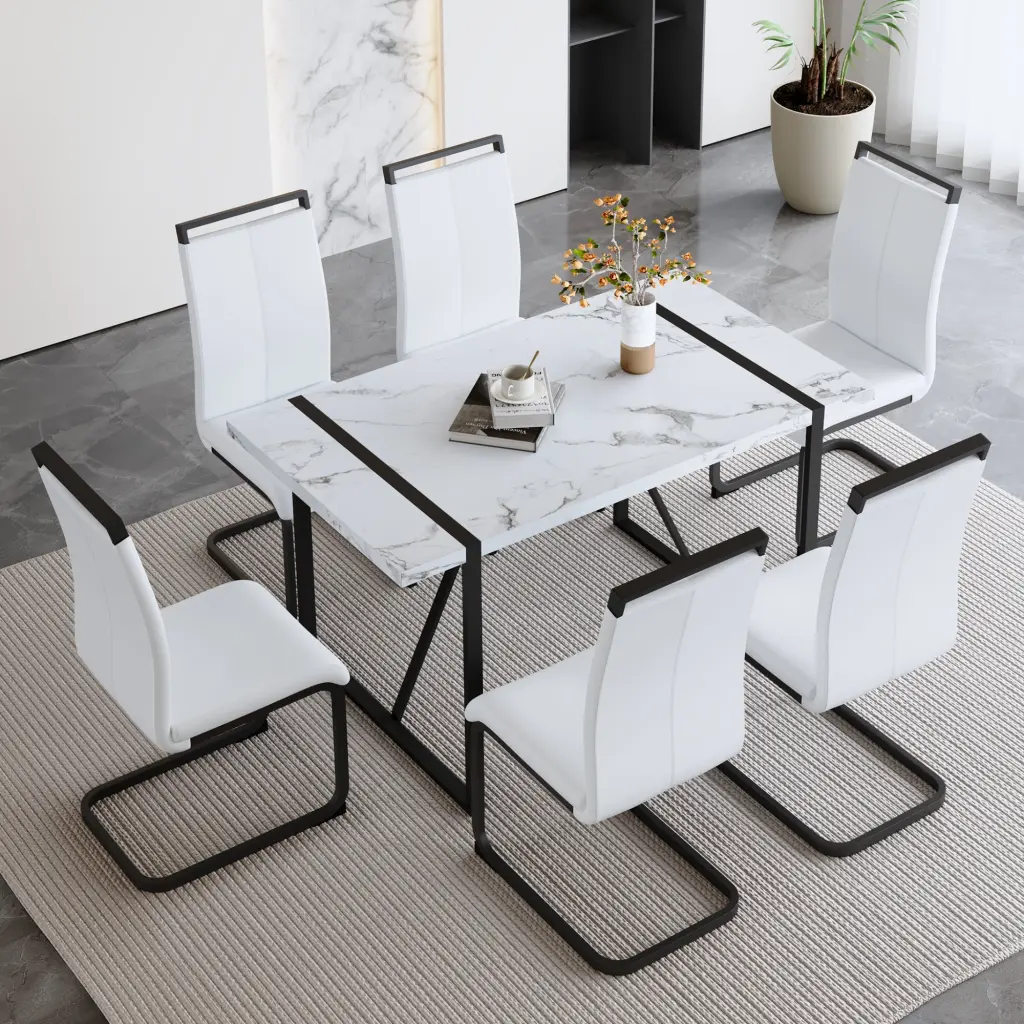 Modern Minimalist White Marble Veined MDF Dining Table and Chair Set droom w-1151