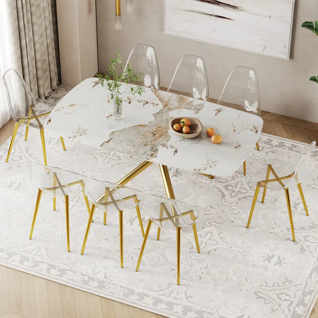 Modern Opulent White Marble Patterned Tempered Glass Table and Chair Set droom w-1151