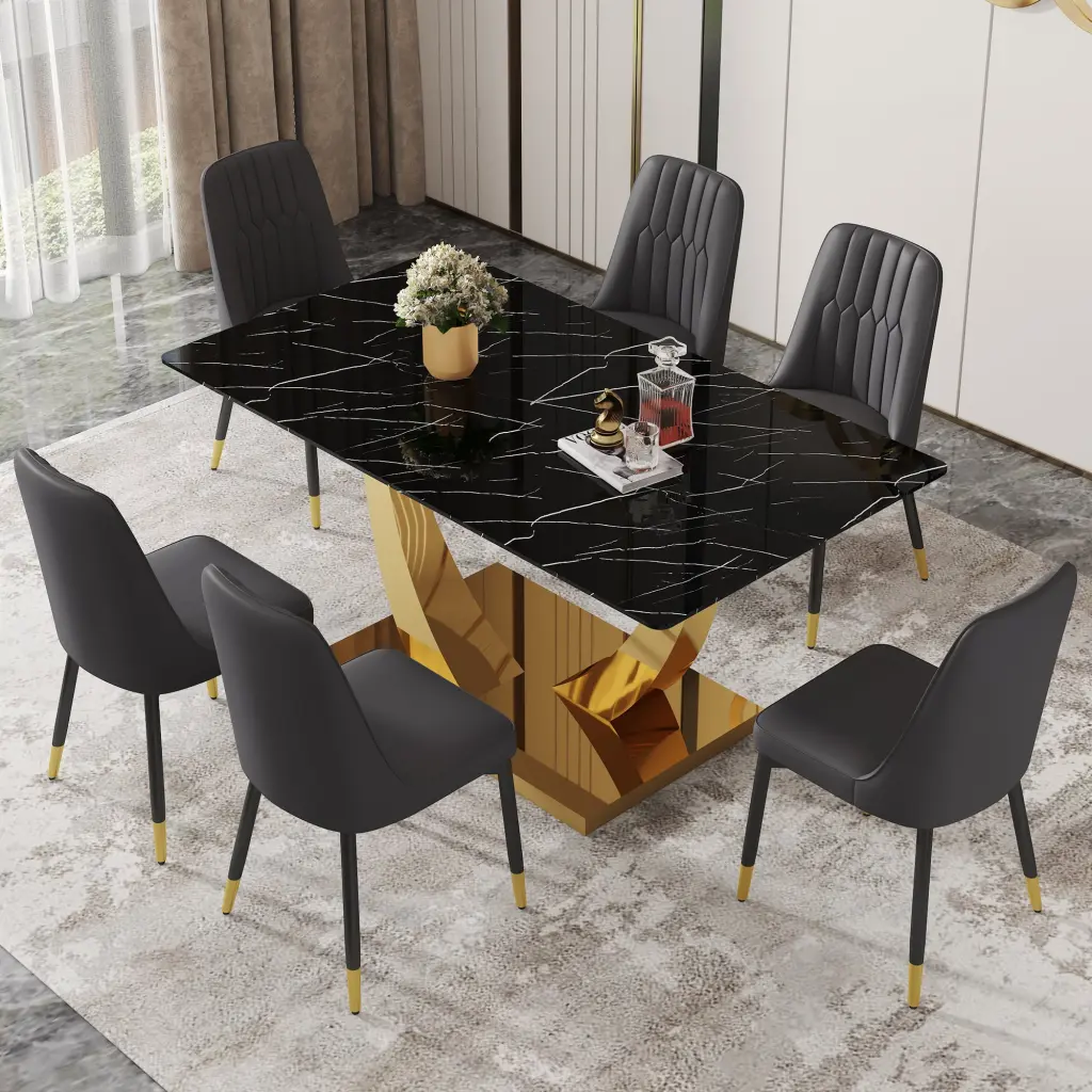 Modern Rectangular Dining Table and Chair Set Black Texture Finish droom w-1151
