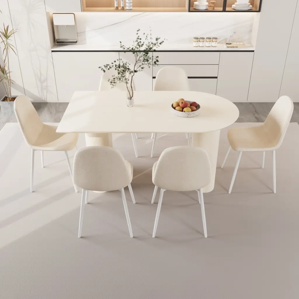 63 Inch MDF Cream Style Dining Table and Modern Dining Chair 8 Piece Set Kitchen nuoli furniture