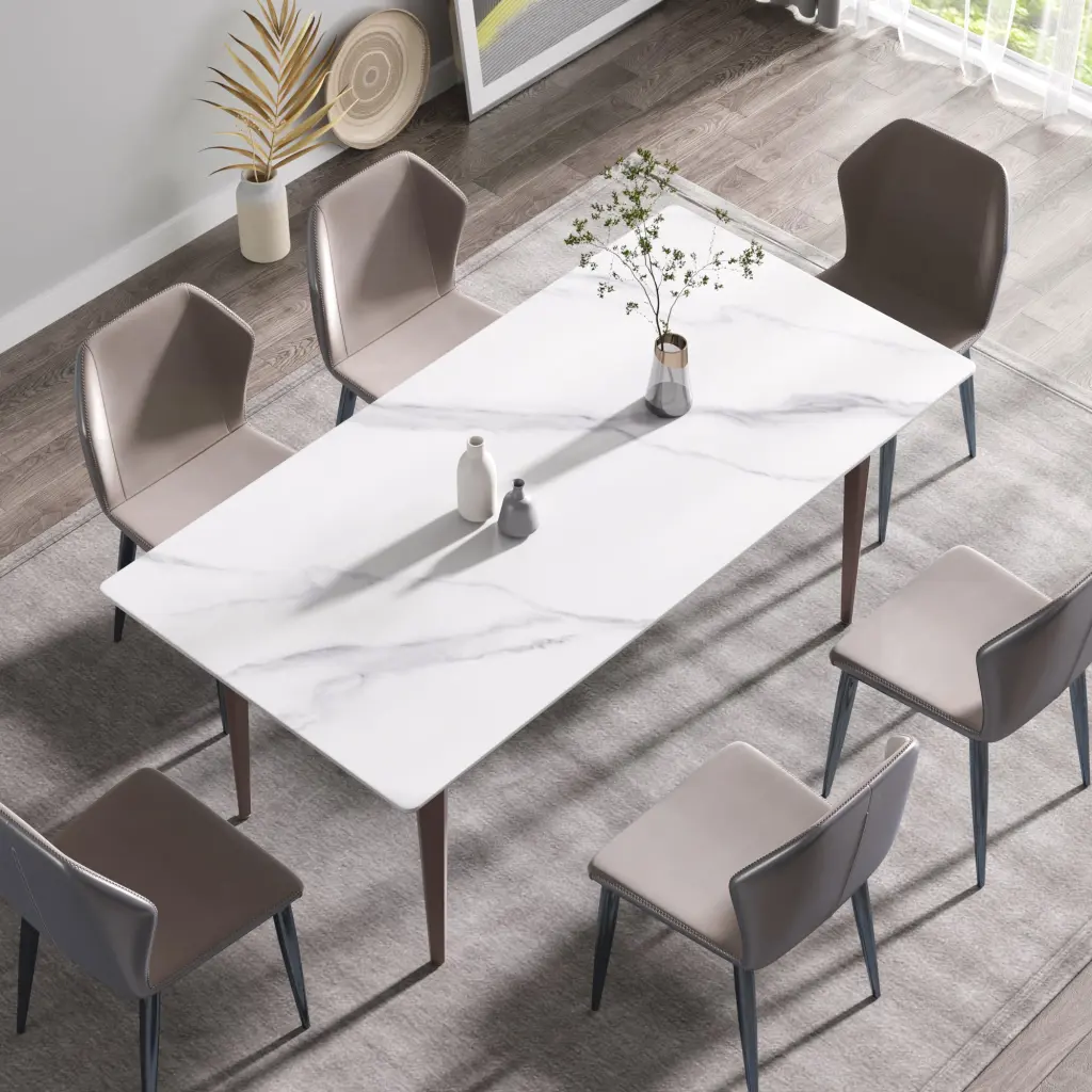 70.87 Inch Modern Artificial Marble White Dining Table Metallic Legs Straight Edge atunus