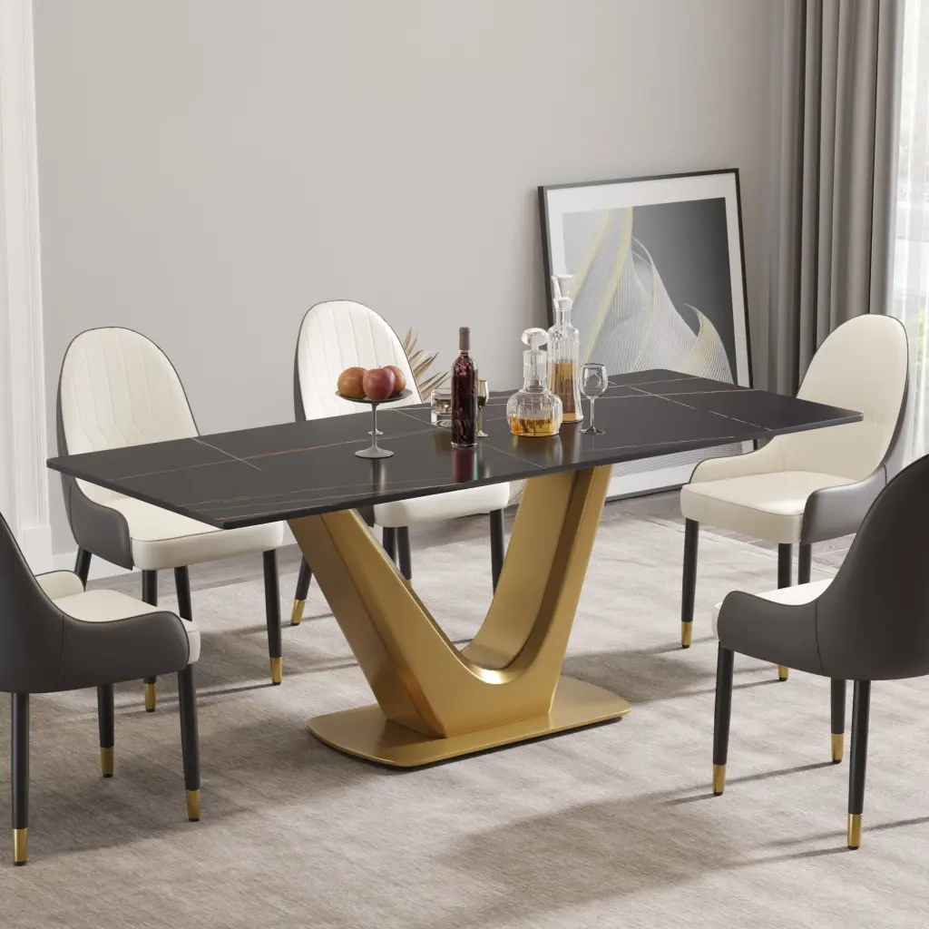78.74 Inch Modern Artificial Marble Black Panel Precious Metal V Shaped Legs Dining Table atunus
