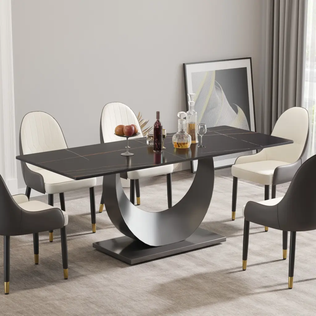 78.74 Inch Modern Artificial Marble Black Crescent Shaped Black Metallic Legs Dining Table atunus