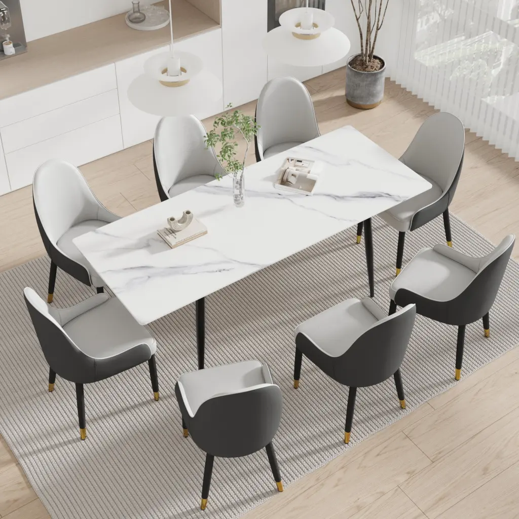 78.74 Inch Modern Artificial Marble White Straight Edge Black Metallic Leg Dining Table atunus