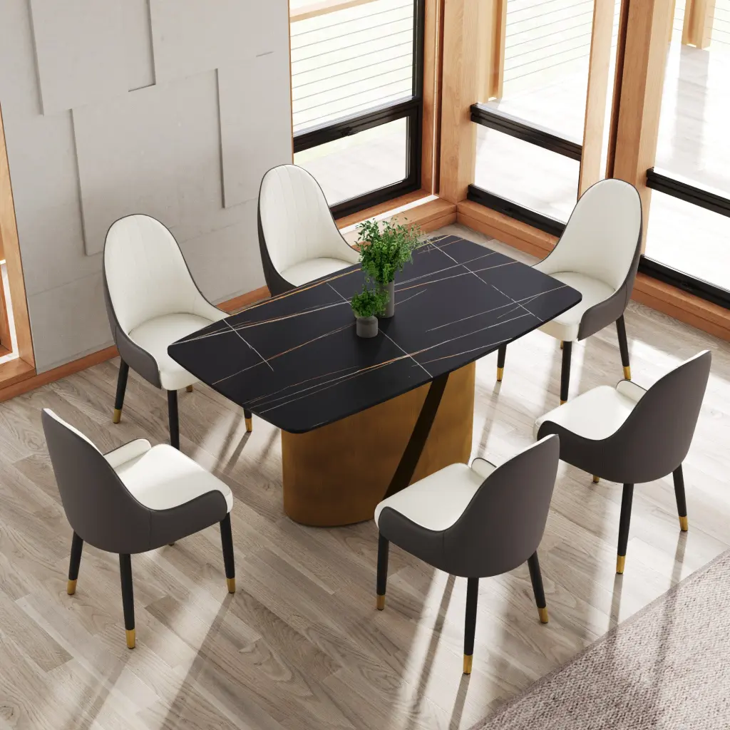 63 Inch Modern Artificial Marble Curved Black Panel Metal Alloy Legs Dining Table atunus