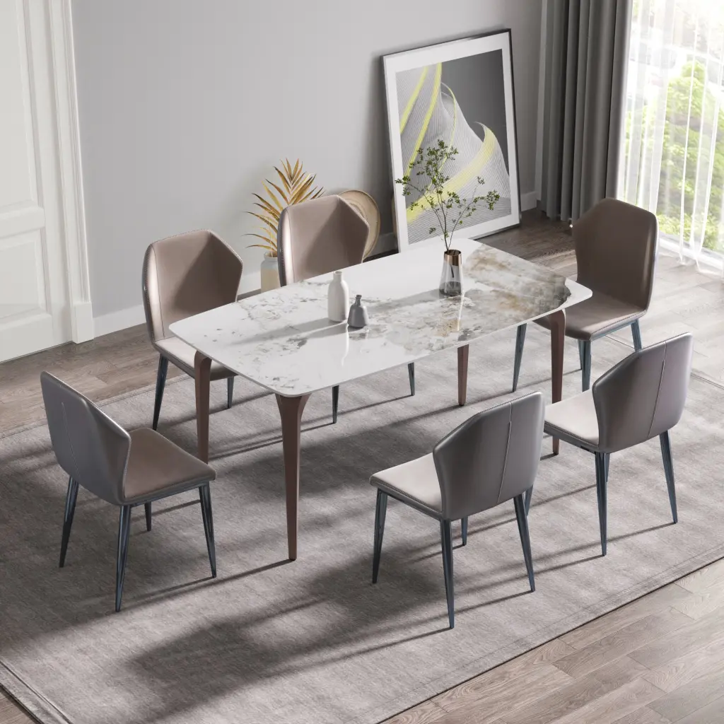 63 Inch Modern Artificial Marble Pandora White Curved Metallic Leg Dining Table atunus