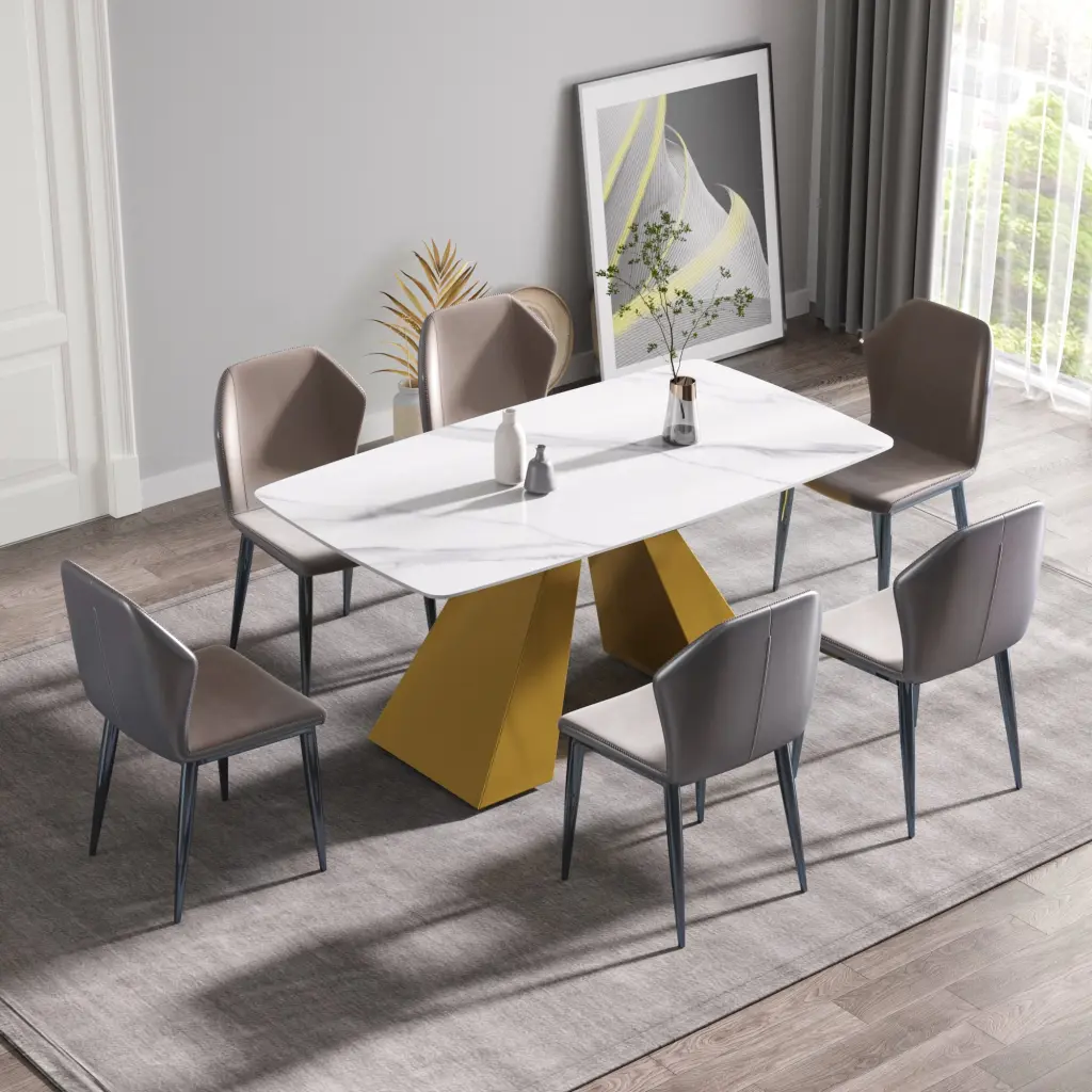 63 Inch Modern Artificial Marble White Curved Dining Table Metal Legs atunus