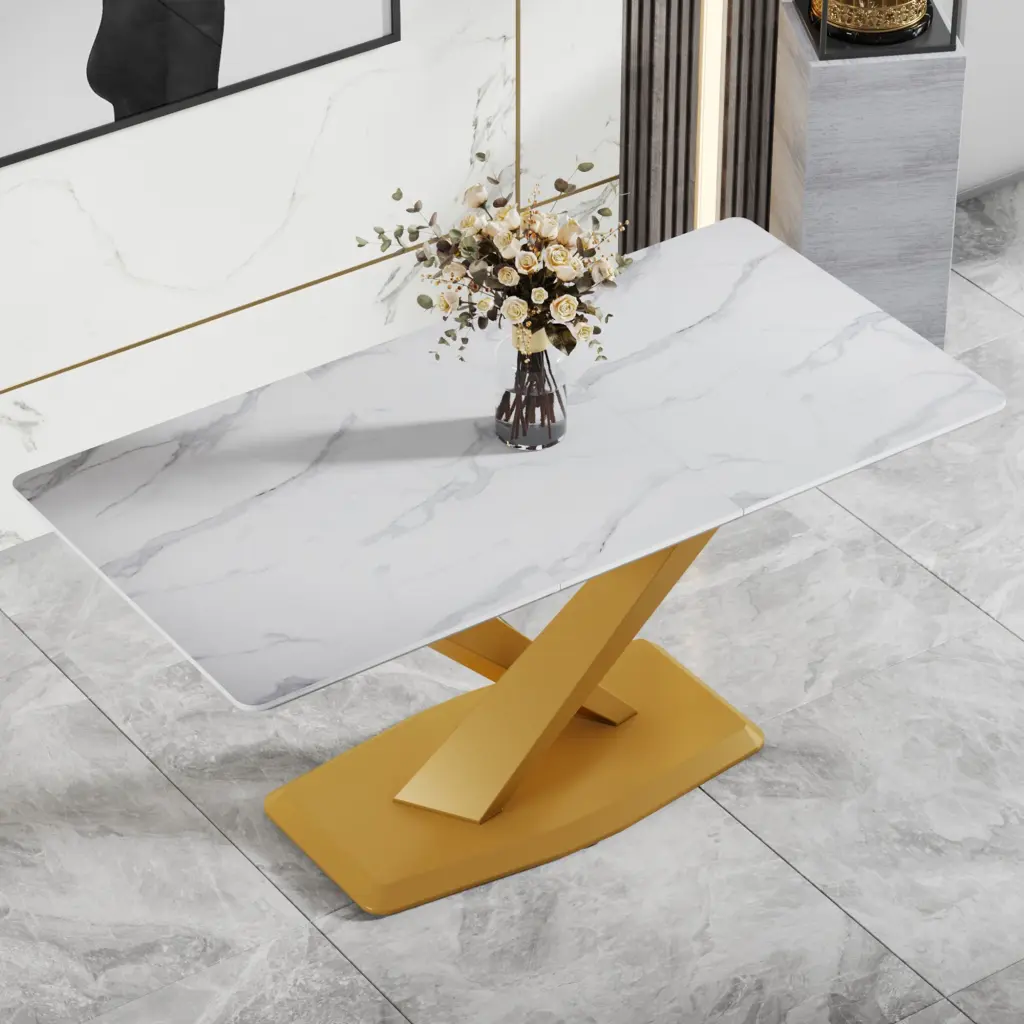 Large Modern Minimalist Rectangular White Imitation Marble Dining Table droom w-1151