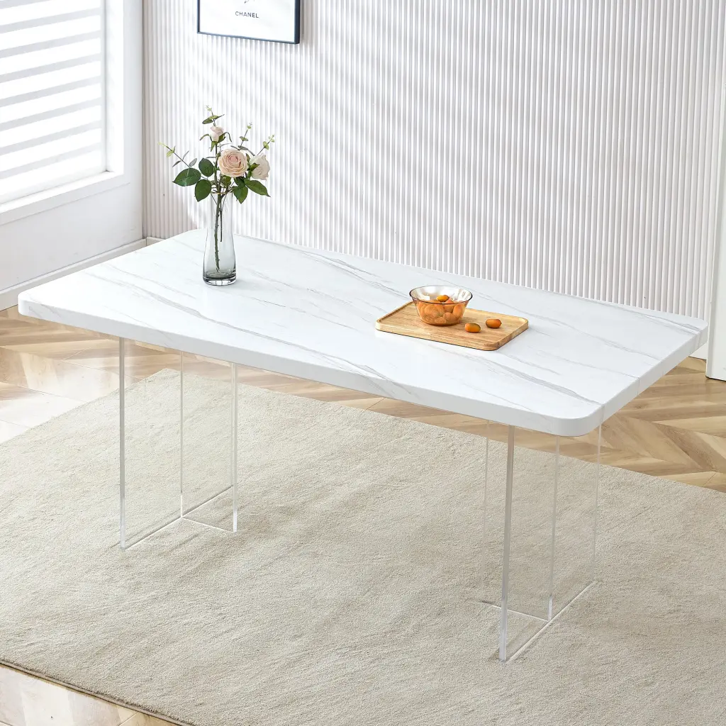 Modern Minimalist White Dining Table Striped MDF Top Acrylic Table Legs Contemporary Design droom w-1151