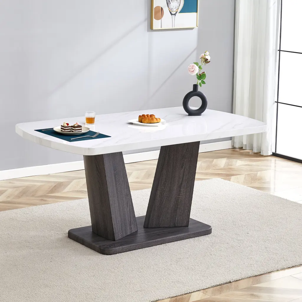 Modern Dining Table 63 Faux Marble Top and V-Shaped Base rnb
