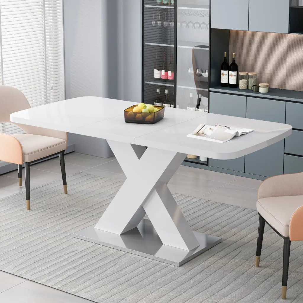 Modern Square Dining Table Stretchable White MDF X Shape Top spribung