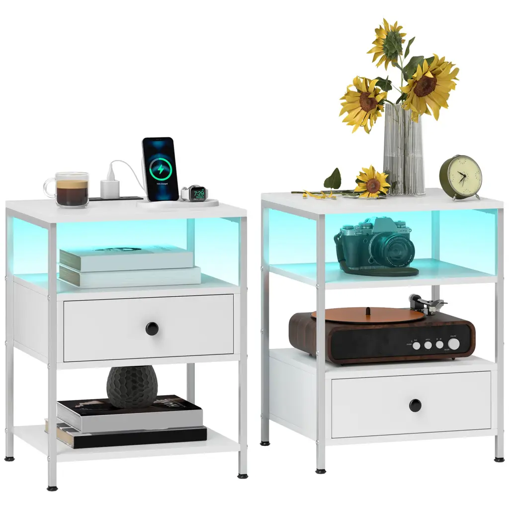 Homcom Set 2 End Tables Charging Stations and LED Lights, 3-Tier Design aosom business