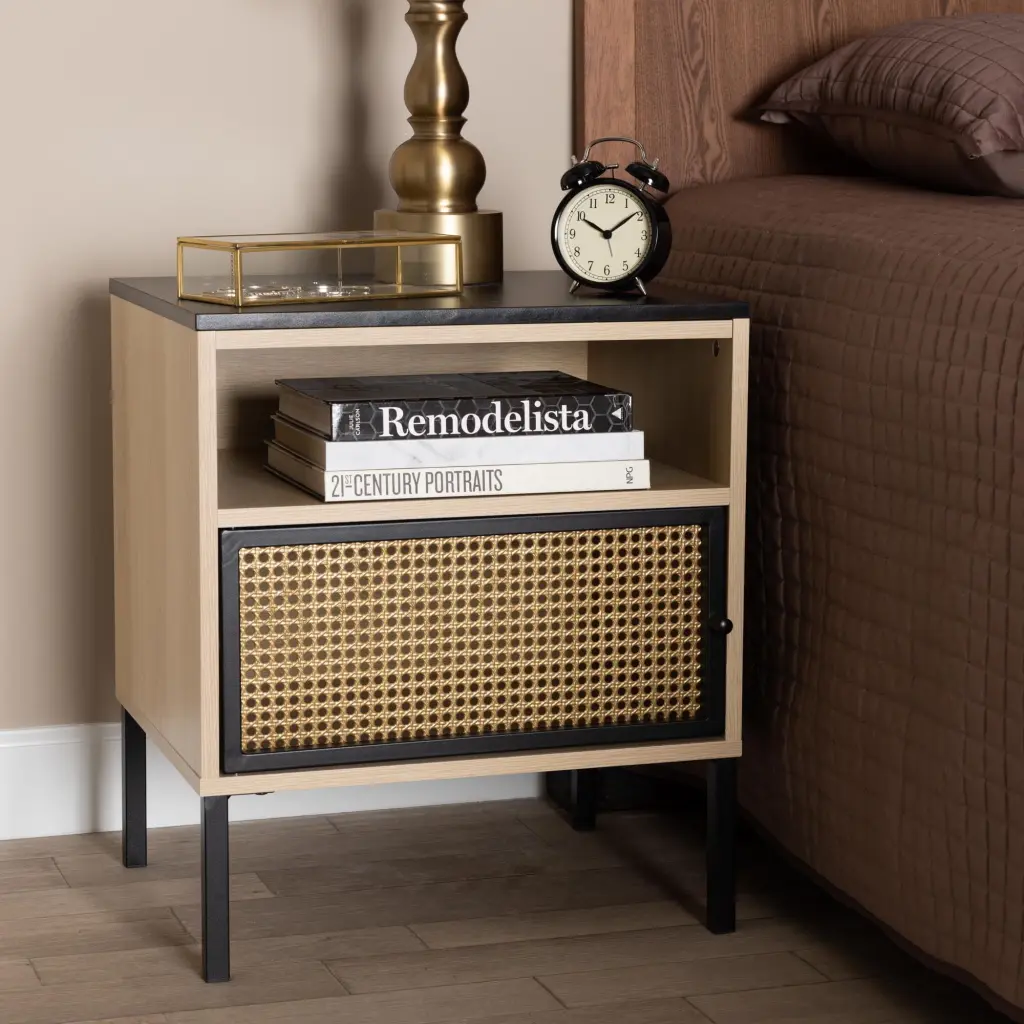 Baxton Studio Felton Mid-Century Modern Two-Tone Black Gold Metal Light Brown Wood End Table