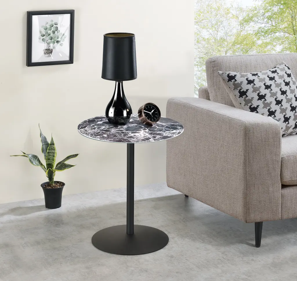 Circa 17.5 Inch End Table Black Marble Textured Top And Glass Base lilola home
