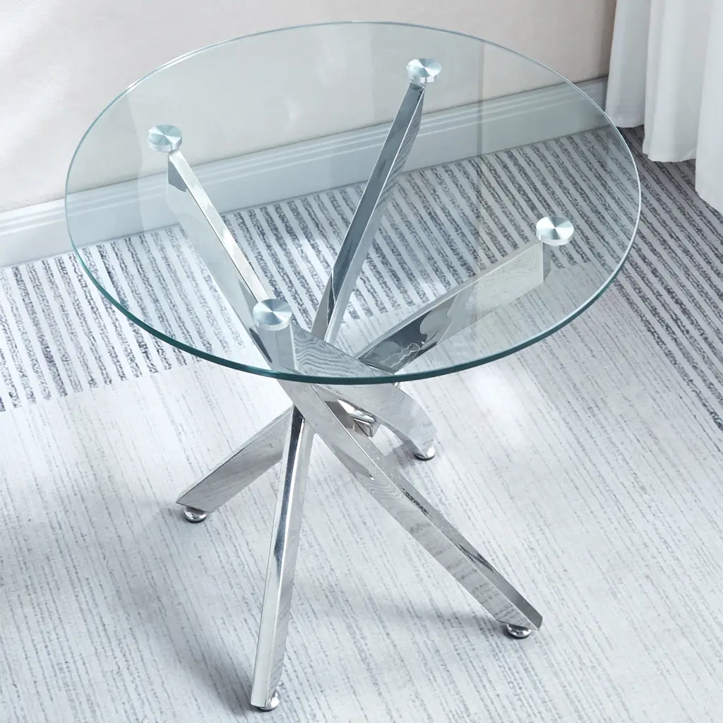 Modern Round Tempered Crystal End Table Stainless Alloy Metal Legs Shiny Finish w1241 artisan furniture