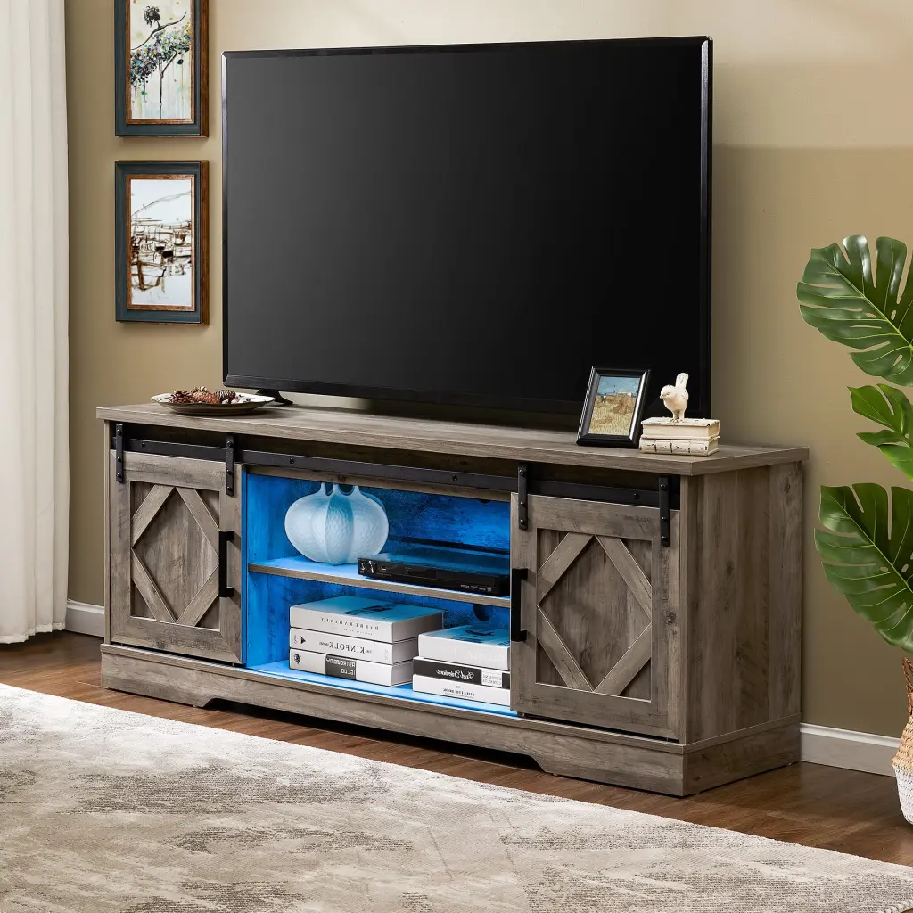 LED Farmhouse Modern Sliding Barn Door TV Stand 65 Inch TVs Grey Finish FITUEYES