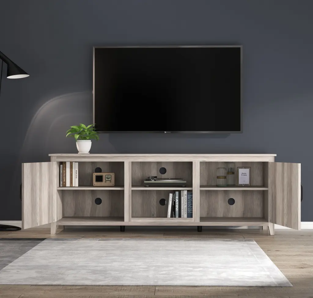 Modern Farmhouse TV Stand Grey Walnut Media Console Storage and Shelves Living Room Oubayajia