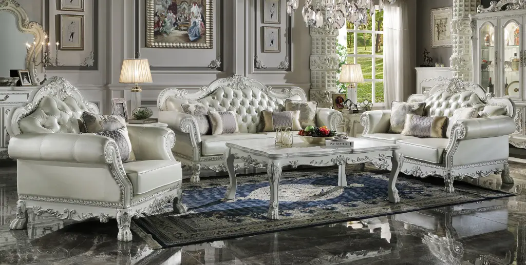 Dresden Loveseat 3 Pillows Synthetic Hide & Bone White Finish acme onsite store