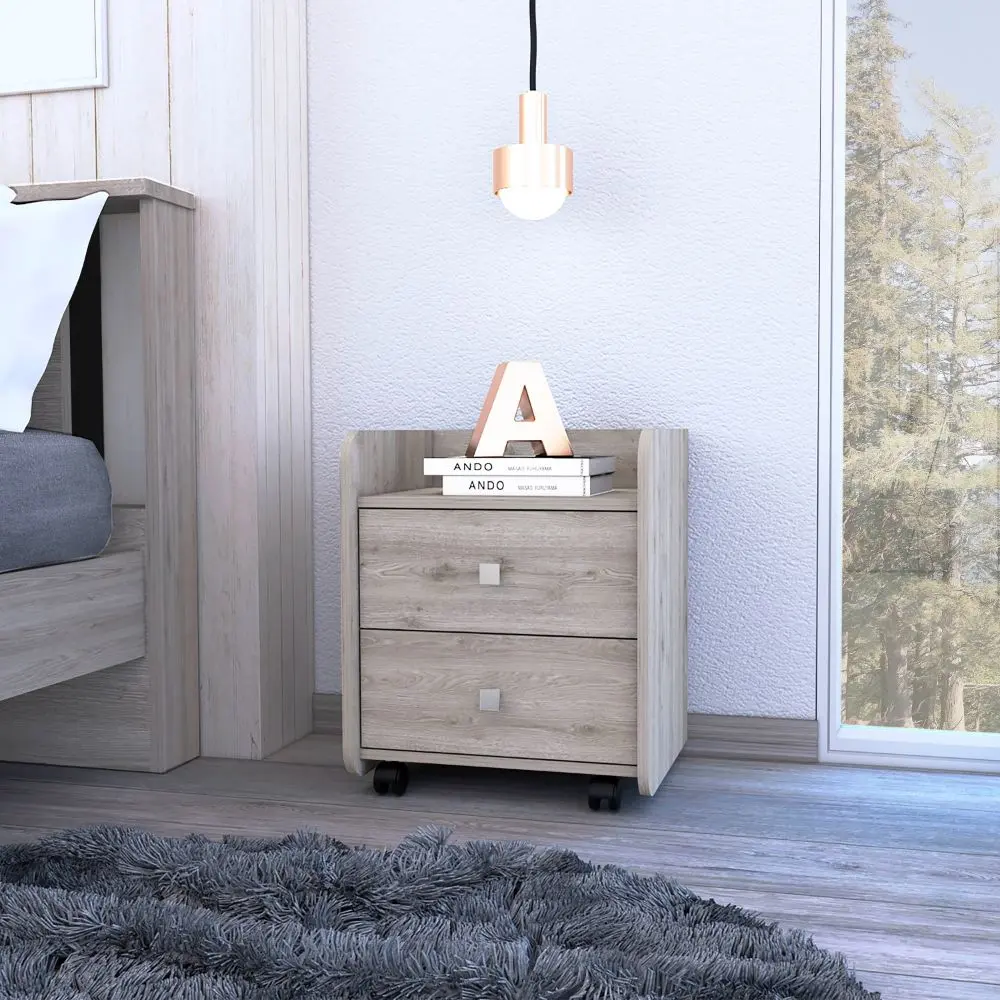 Nightstand 22 Inch Two Drawers High Quality Top Metal Handle Wheels depot e-shop